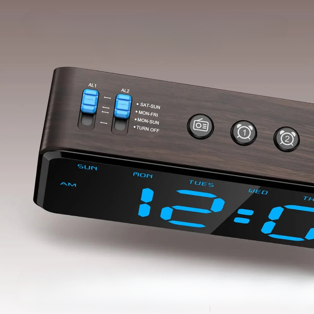 Digital clockradio i trælook med lys