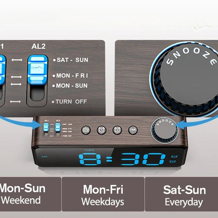 Digital clockradio i trælook med lys