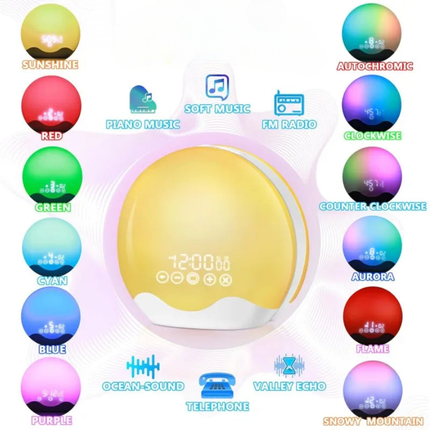 Rundt vækkeur med skiftende farvelys