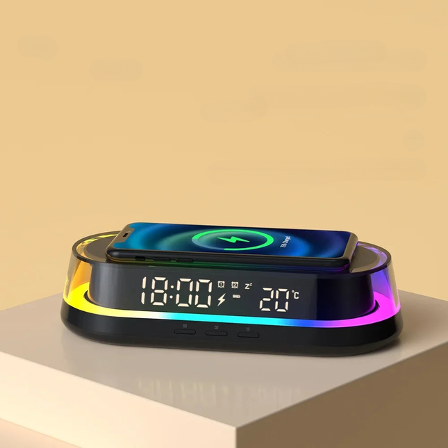 Vækkeur med trådløs oplader og RGB-lys
