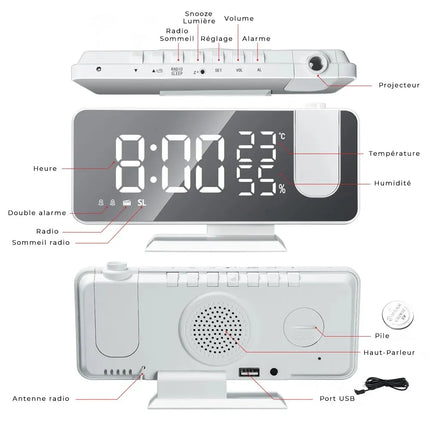 Hvid clockradio med projektor og spejl