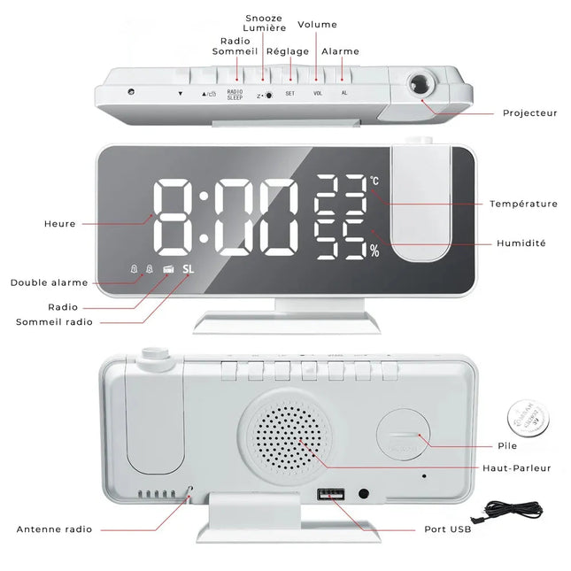 Hvid clockradio med projektor og spejl