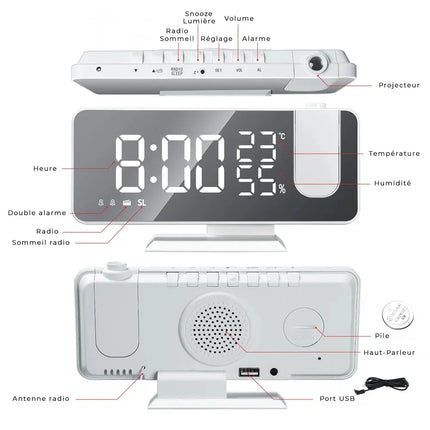 Hvid clockradio med projektor og spejl