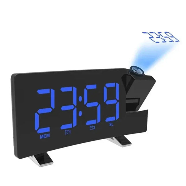 Clockradio med blå projektion af tid