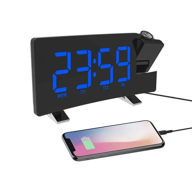 Clockradio med blå projektion af tid