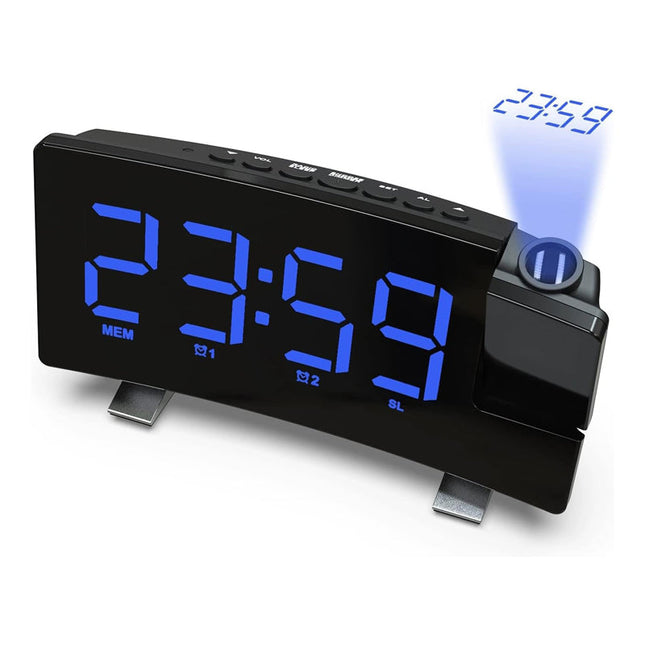 Clockradio med blå projektion af tid