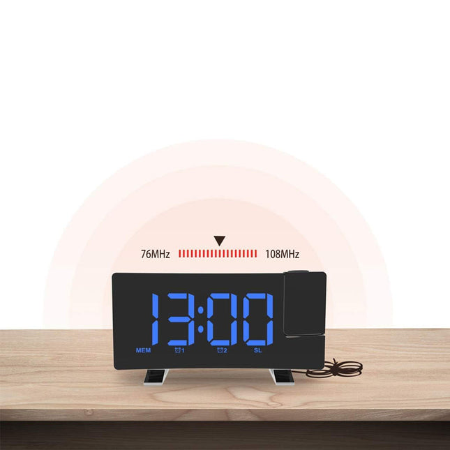 Clockradio med blå projektion af tid
