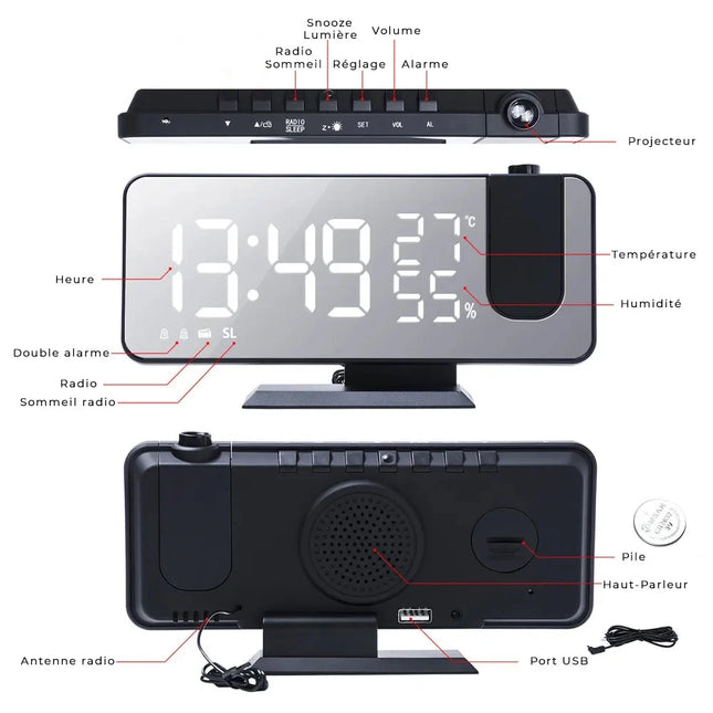 Clockradio med projektor og termometer