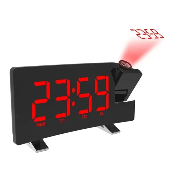 Clockradio med rød projektion af tid