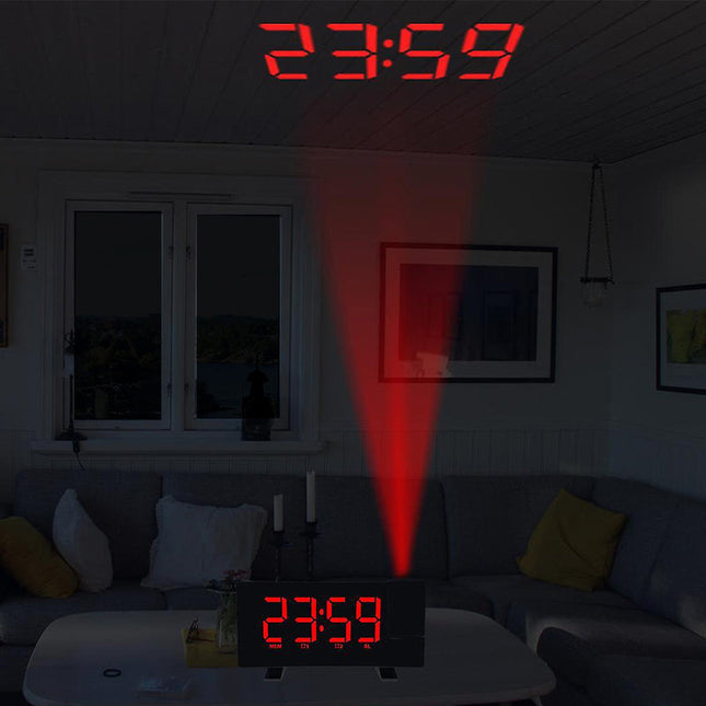 Clockradio med rød projektion af tid