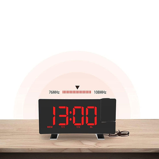 Clockradio med rød projektion af tid