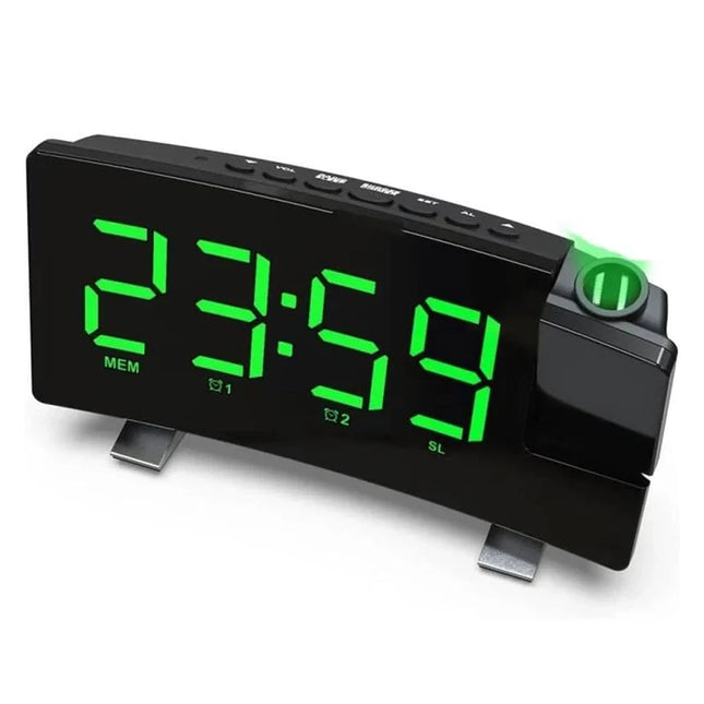 Clockradio med projektor og USB-oplader