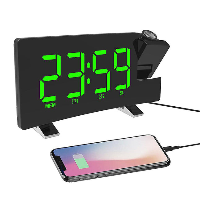 Clockradio med projektor og USB-oplader
