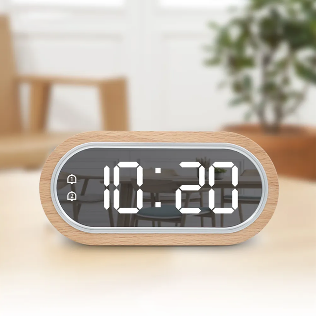 Moderne LED vækkeur i træ med spejl