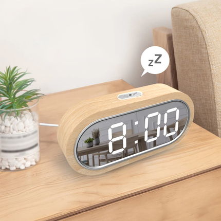 Moderne LED vækkeur i træ med spejl