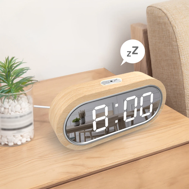 Moderne LED vækkeur i træ med spejl