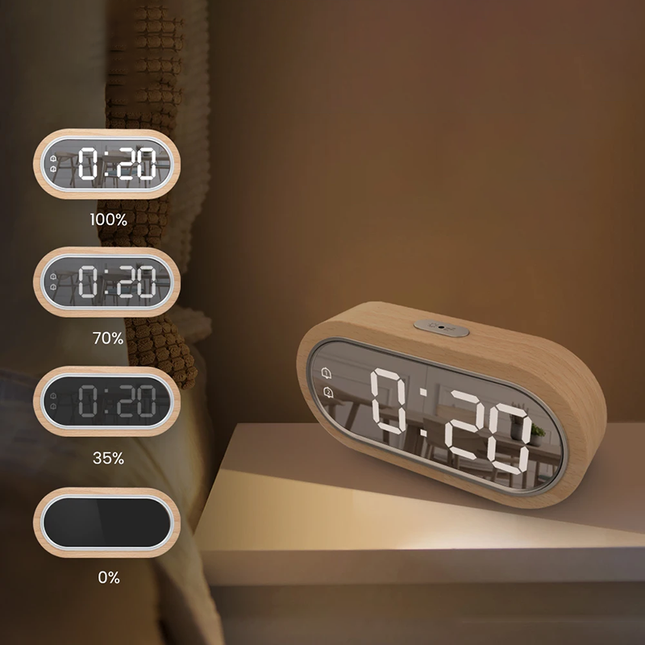 Moderne LED vækkeur i træ med spejl