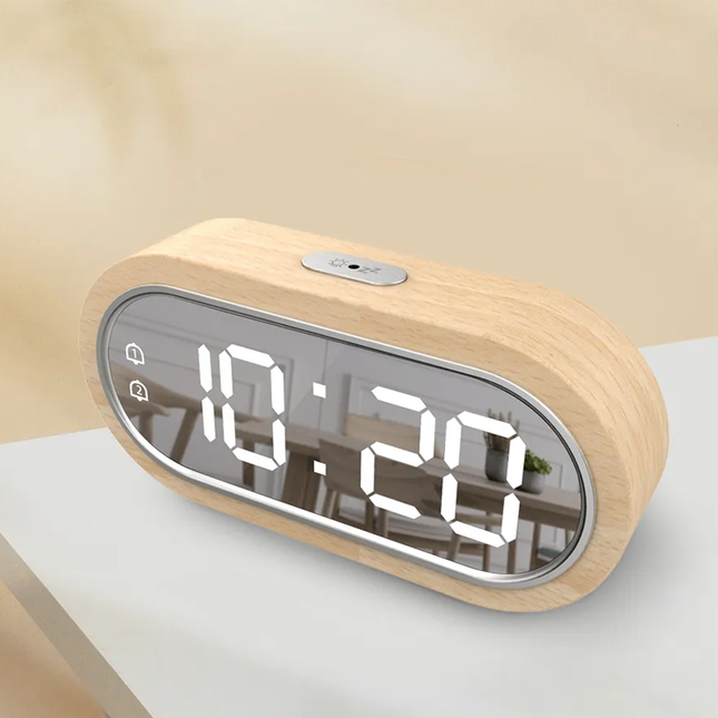Moderne LED vækkeur i træ med spejl