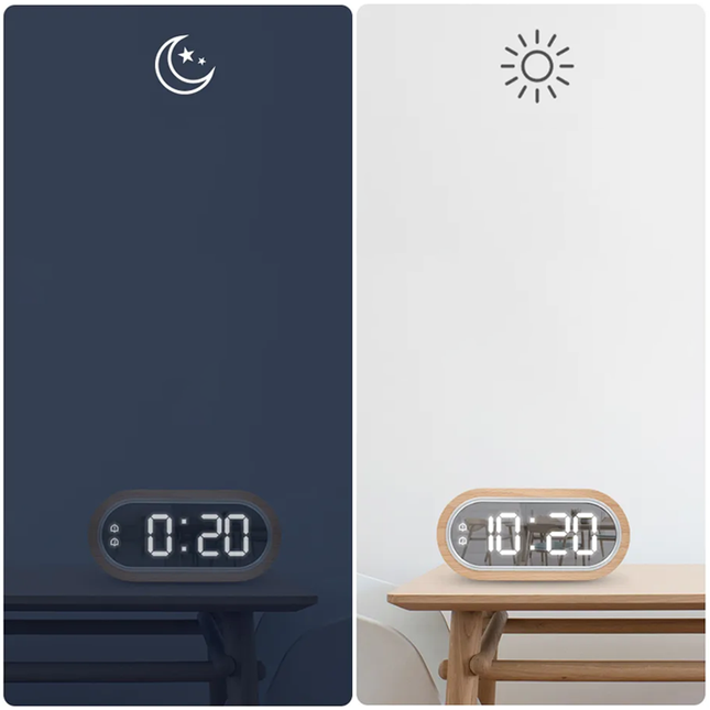 Moderne LED vækkeur i træ med spejl