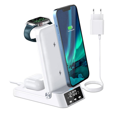 Hvid trådløs oplader stand med ur