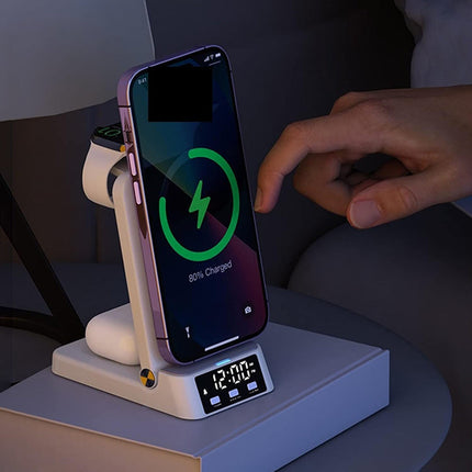 Hvid trådløs oplader stand med ur