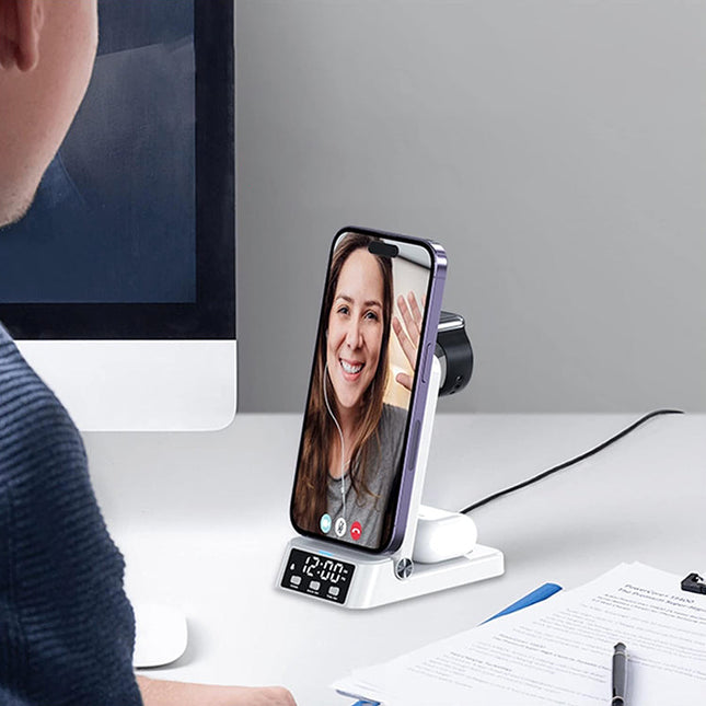 Hvid trådløs oplader stand med ur