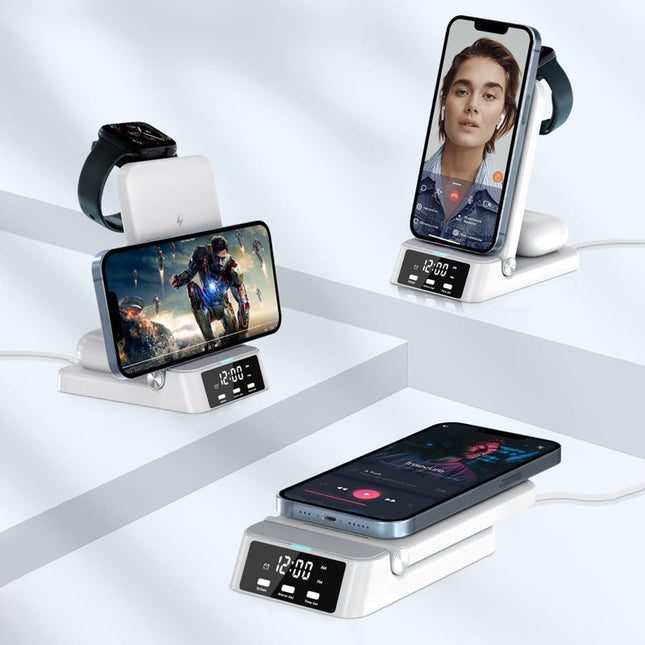 Hvid trådløs oplader stand med ur
