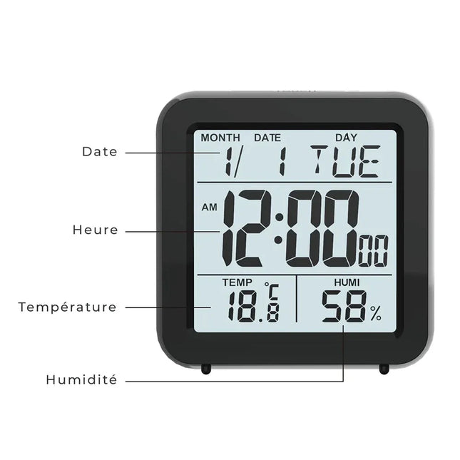 Kompakt digitalt rejsevækkeur med kalender