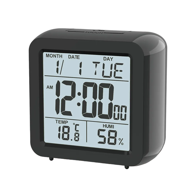 Kompakt digitalt rejsevækkeur med kalender