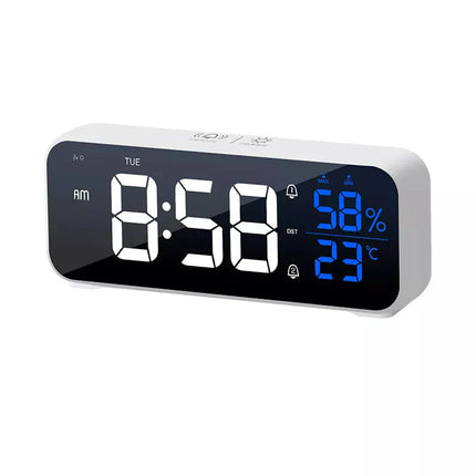 Hvidt digitalt vækkeur med termometer