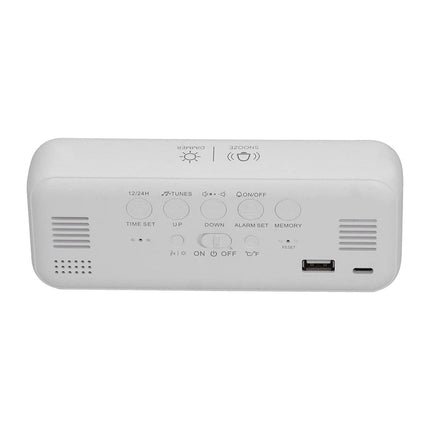 Hvidt digitalt vækkeur med termometer