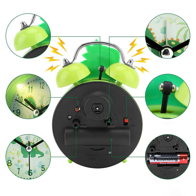 Grønt analogt dinosaur vækkeur til børn