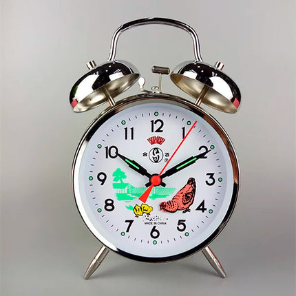 Mekanisk vækkeur med dobbeltklokke i sølv