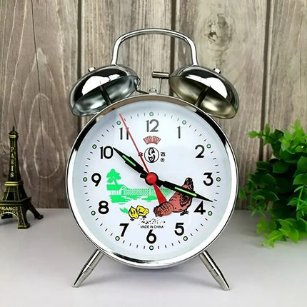 Mekanisk vækkeur med dobbeltklokke i sølv