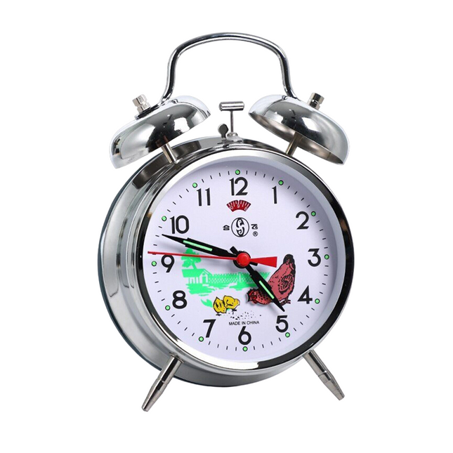 Mekanisk vækkeur med dobbeltklokke i sølv