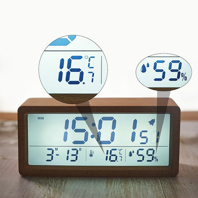 Digitalt vækkeur i træ med termometer